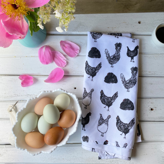 100% cotton, eco-friendly tea towel / kitchen towel with fun hand drawn black and white chicken pattern