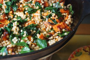Israeli Cous Cous with Roasted Sweet Potato and Collard Greens