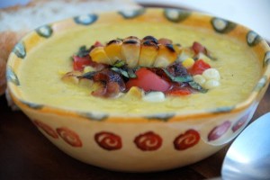 Grilled Corn Bisque with Sweet & Savory Accoutrement